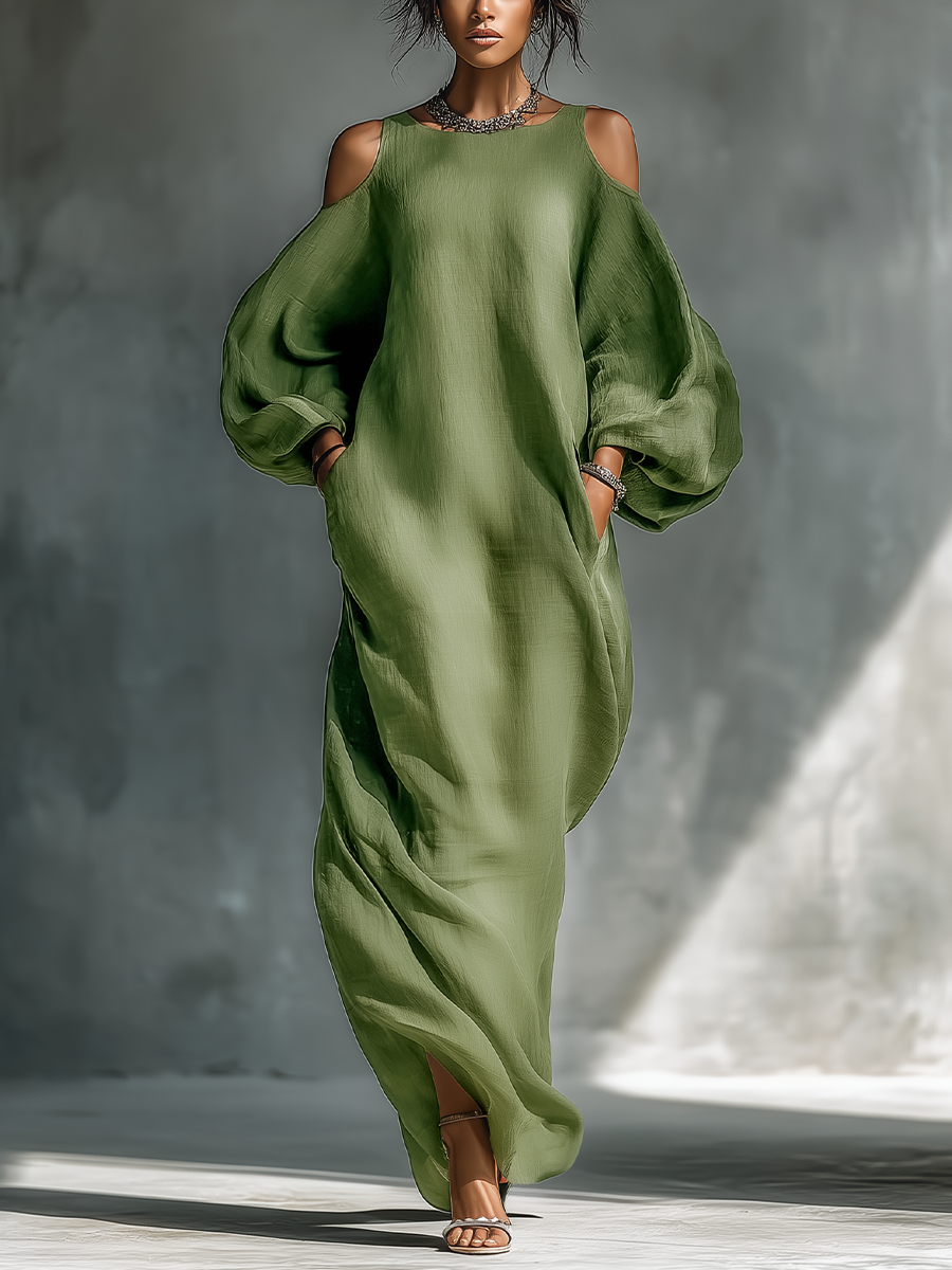 womens light green dress Women's Cold-Shoulder Maxi With Oversized Puff Sleeves & Side Pockets Ladies Dresses Bb Dakota collection: SUPERBOWL60 Fabric has no stretch Size:Adult | 44|R