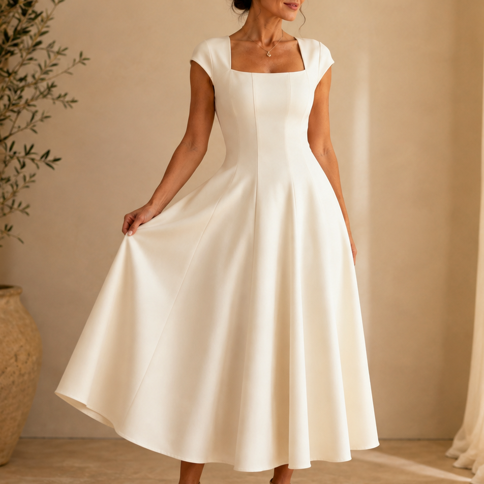 fit and flare midi dress for wedding guest Elegant Satin Women with Square Neck Cap Sleeve Fall Style Occasion_Vacation Orthopedic Dress Shoes | Color:Multi-Print