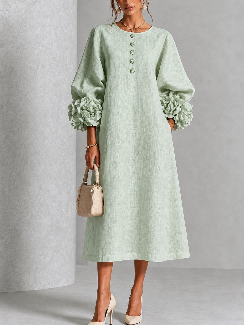 green midi dress wedding guest Elegant Sage Textured for Women with Round Neck Ballo – Mercer & Bloom Size:M46 SD-08.07.25 Lunaire – Women's Floral Whether you are searching