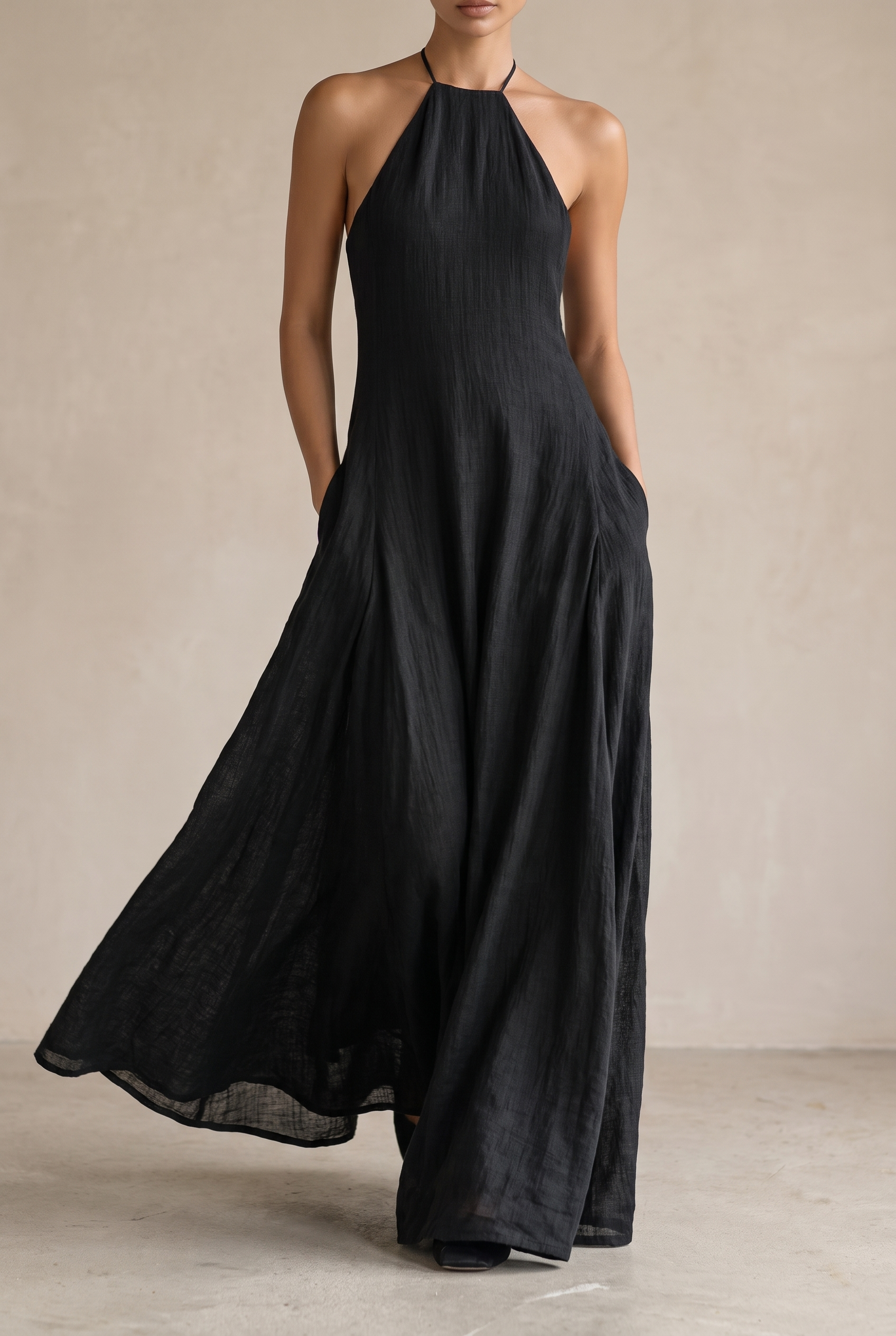 Black Linen Blend Halter Neck Sleeveless Maxi Dress