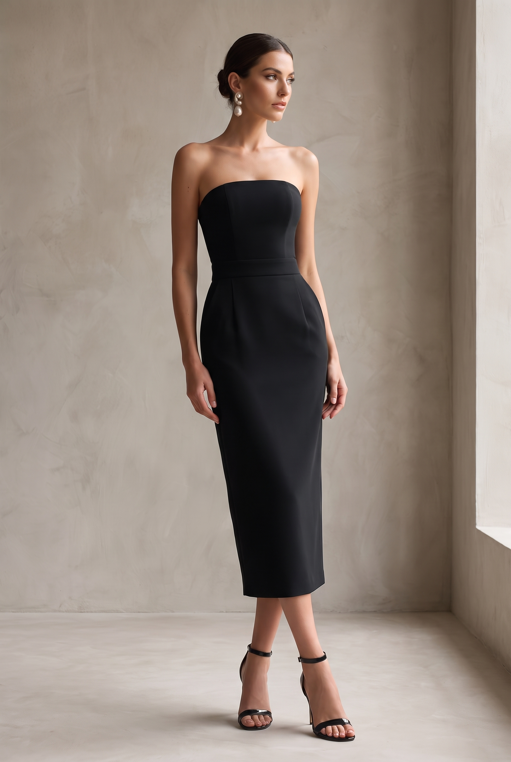 Black Stretch Strapless Bodycon Midi Dress