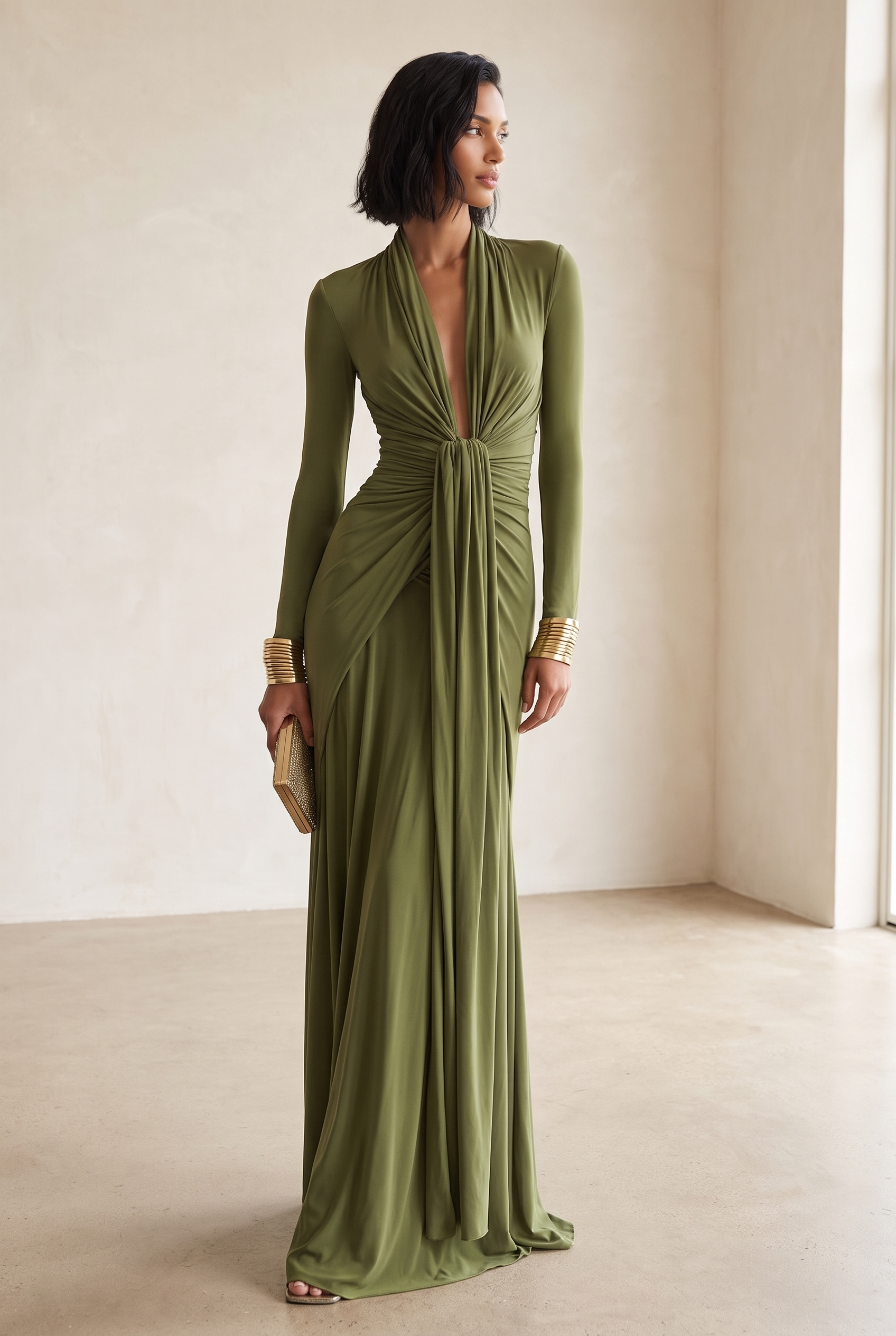 Olive Silky Stretch Maxi Dress with Deep V-Neck and Ruched Waist