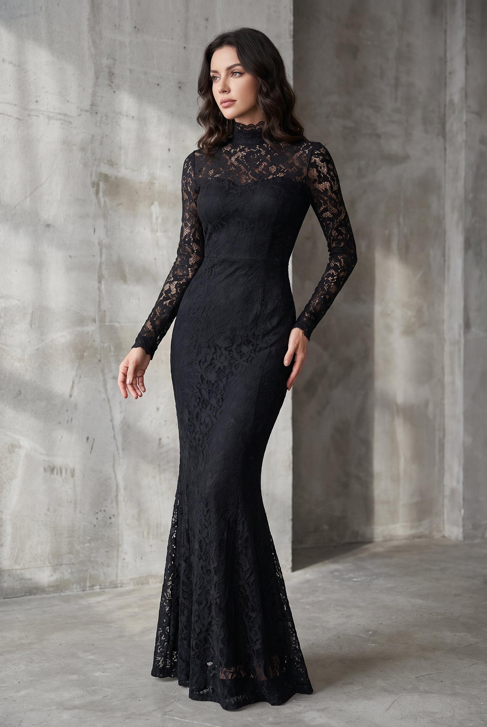Julia | Black Stretch Lace Fishtail Maxi Dress