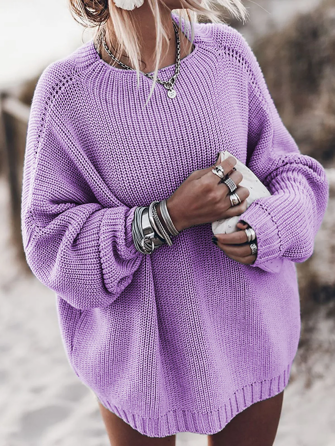 Comfortable Crewneck Sweater for Women with Round Neck Balloon Sleeve Ribbed Cuff Oversized Knit Style