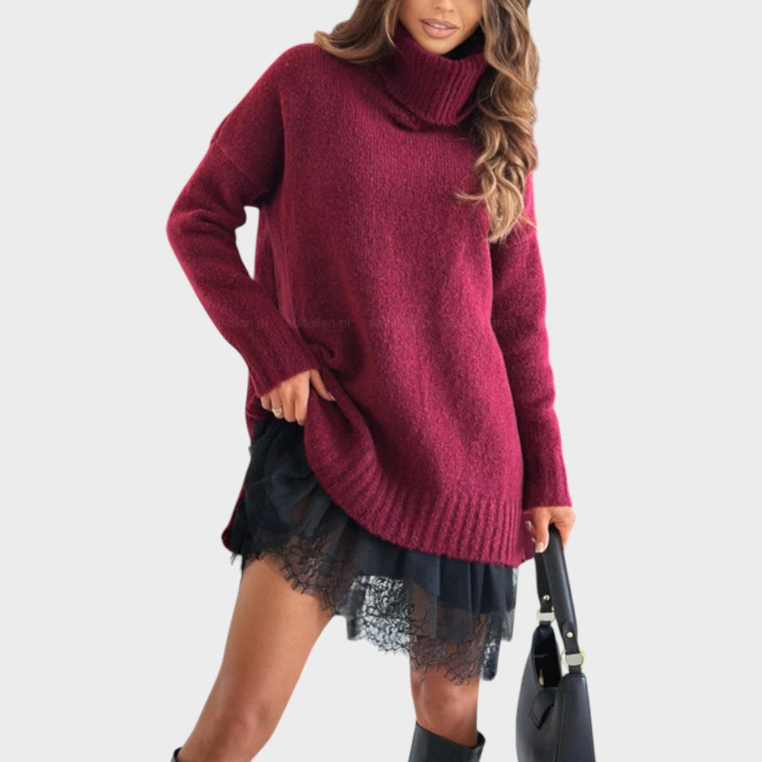 Comfortable Oversized Sweater Dress for Women with Turtleneck Long Sleeve Lace Hem Knit Style