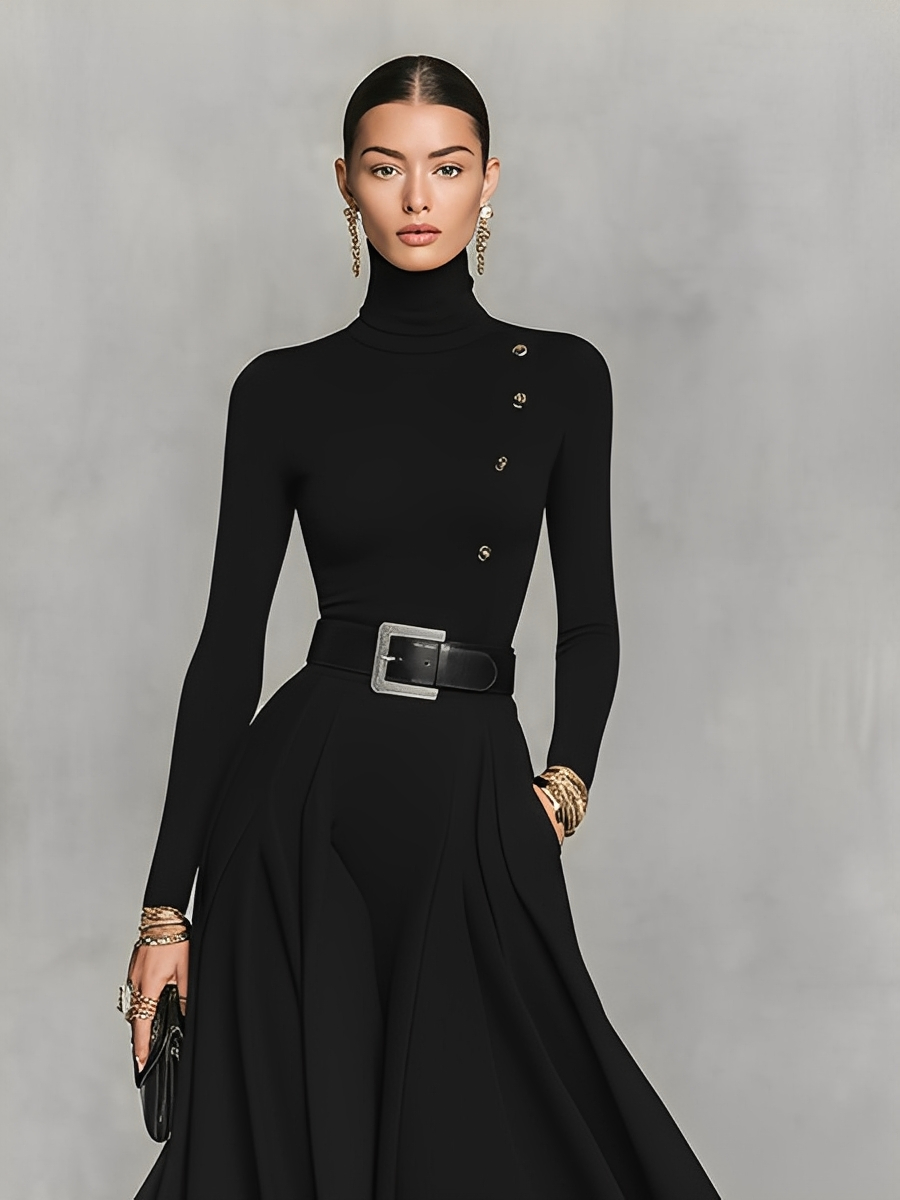 Damen Schwarzes Strick-Maxikleid mit elegantem hohem Kragen und Knopfdetails MDA1183K0I
