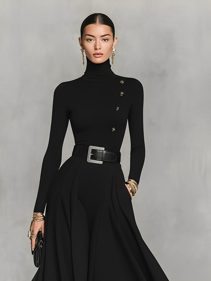 Damen Schwarzes Strick-Maxikleid mit elegantem hohem Kragen und Knopfdetails MDA1183K0I