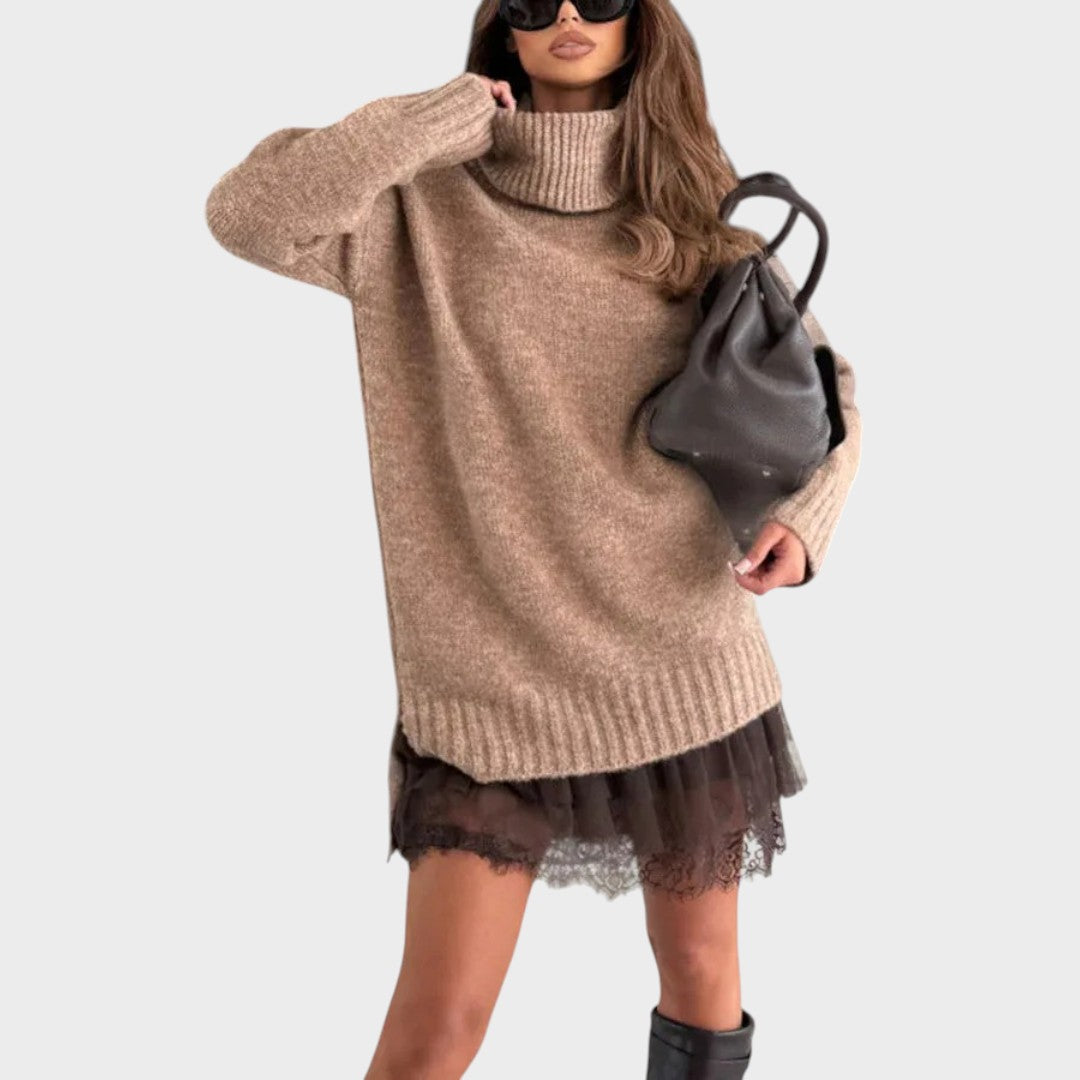 Comfortable Oversized Sweater Dress for Women with Turtleneck Long Sleeve Lace Hem Knit Style