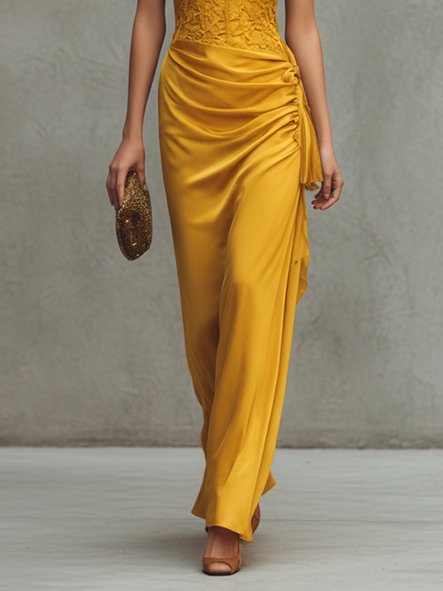 Women's Yellow Stretch Satin And Lace Spaghetti Strap Maxi Dress