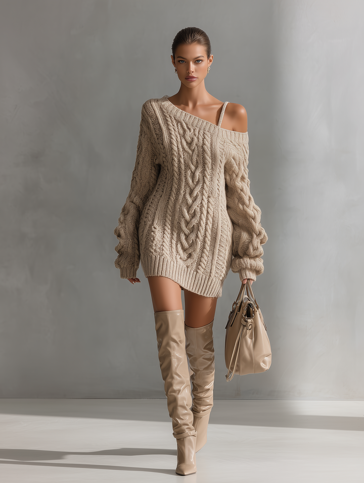 Women's Beige Cable Knit Off-the-Shoulder Fashion Mini Dress