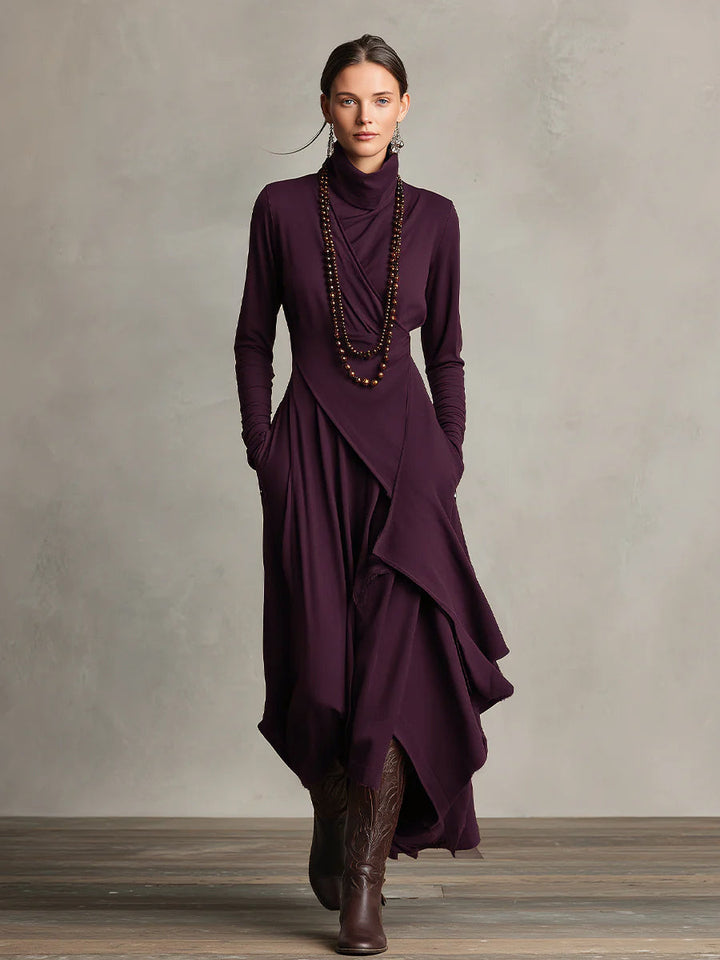 Women's Purple Bohemian Cotton Stretch Turtleneck Asymmetrical Draped Maxi Dress