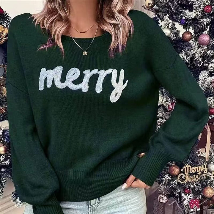 Comfortable Merry Print Sweater for Women with Crew Neck Long Sleeve Ribbed Cuff Oversized Knit Style