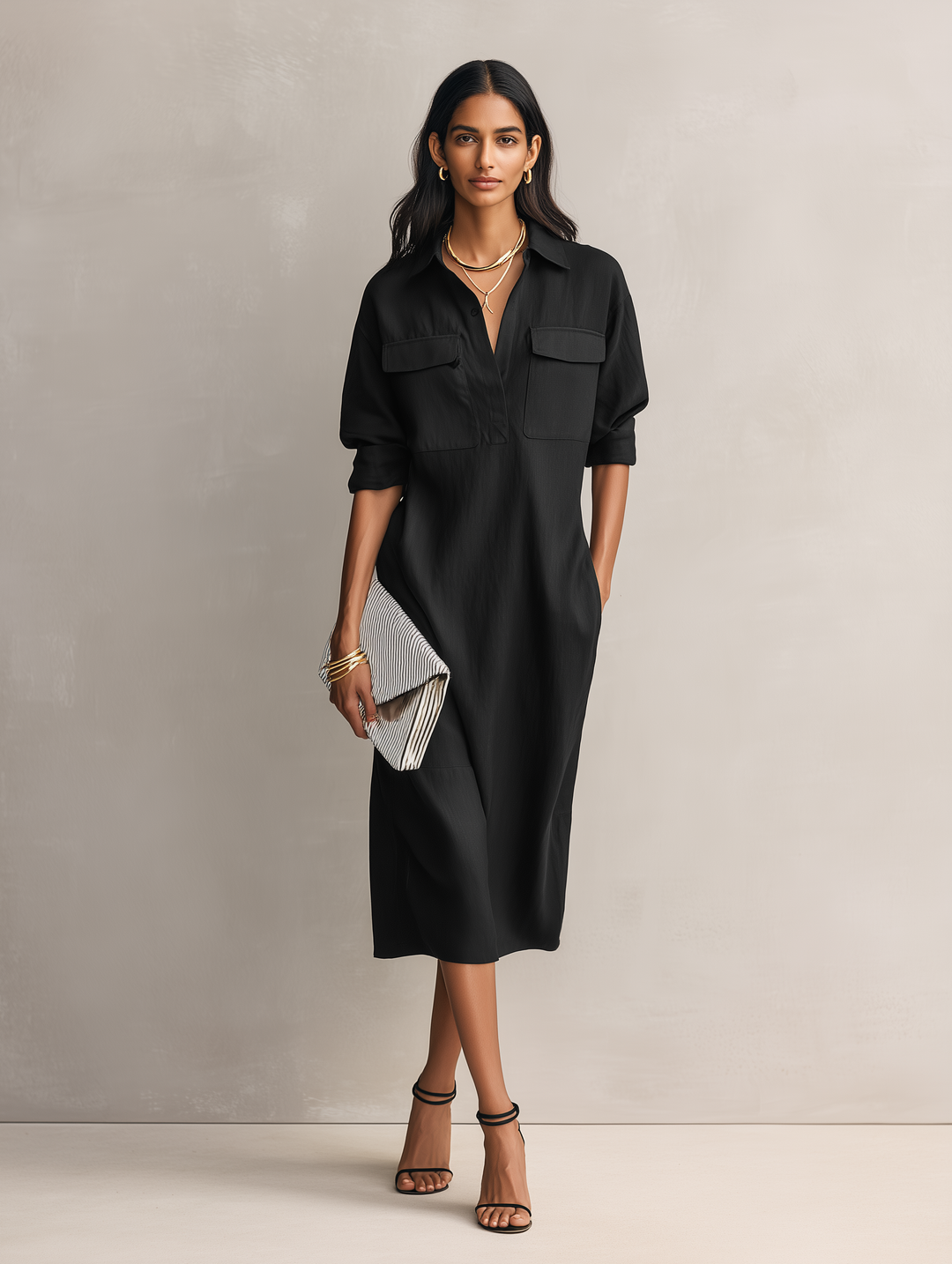 Damen Elegantes Schwarzes Baumwoll-Leinen-Midikleid mit Hemdkragen und kurzen Ärmeln