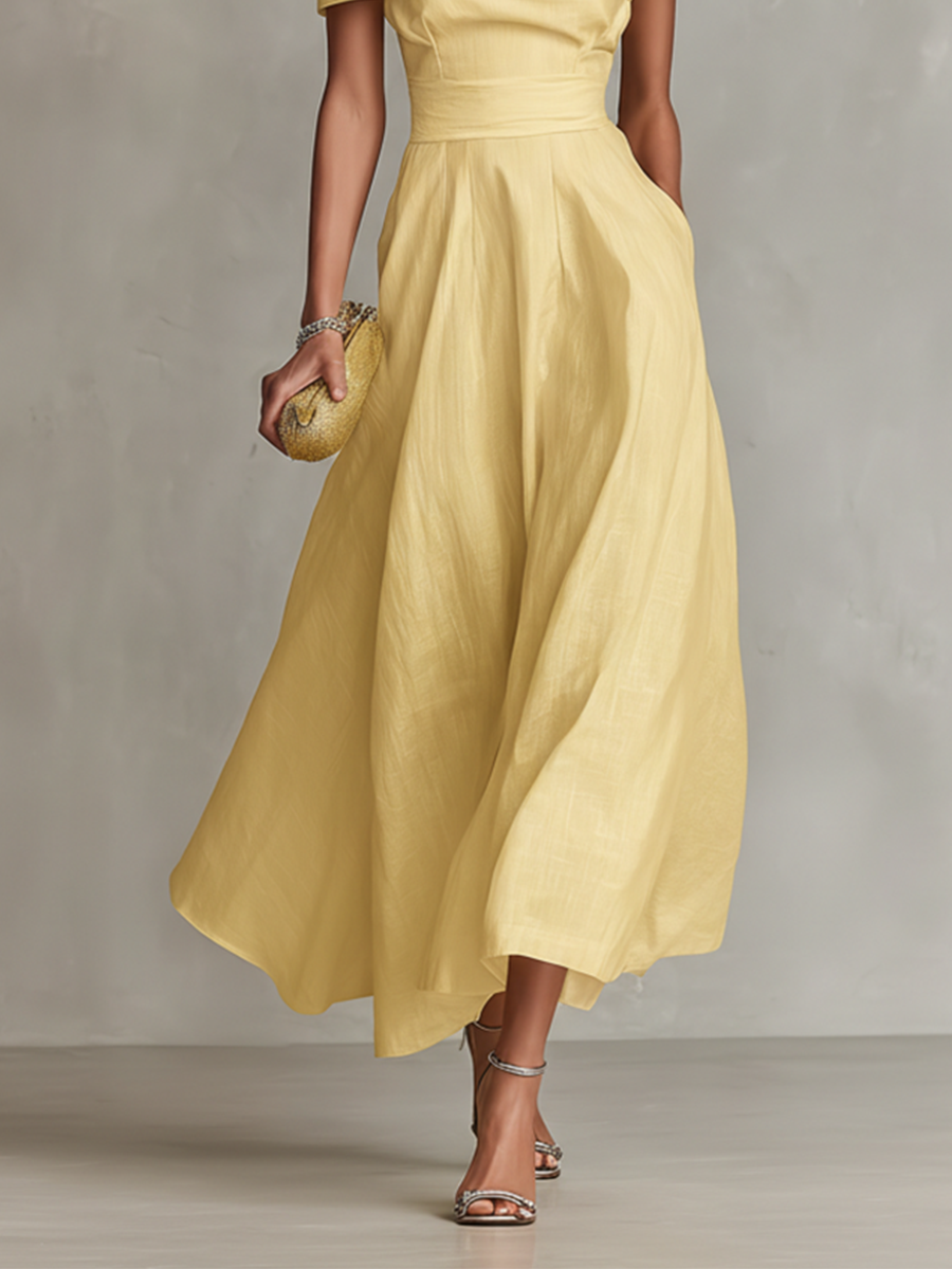 Vestido Feminino de Linho Amarelo com Decote de Um Ombro e Cintura Ajustada, Estilo Elegante-Chic Atemporal