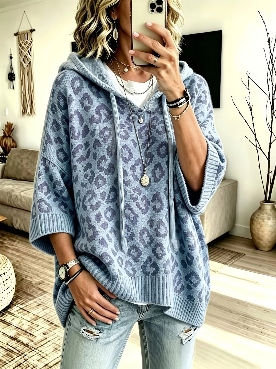 Comfortable Leopard Print Oversized Hoodie for Women with Hooded Neck Batwing Sleeve Drawstring Knit Style
