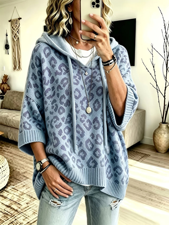 Comfortable Leopard Print Oversized Hoodie for Women with Hooded Neck Batwing Sleeve Drawstring Knit Style