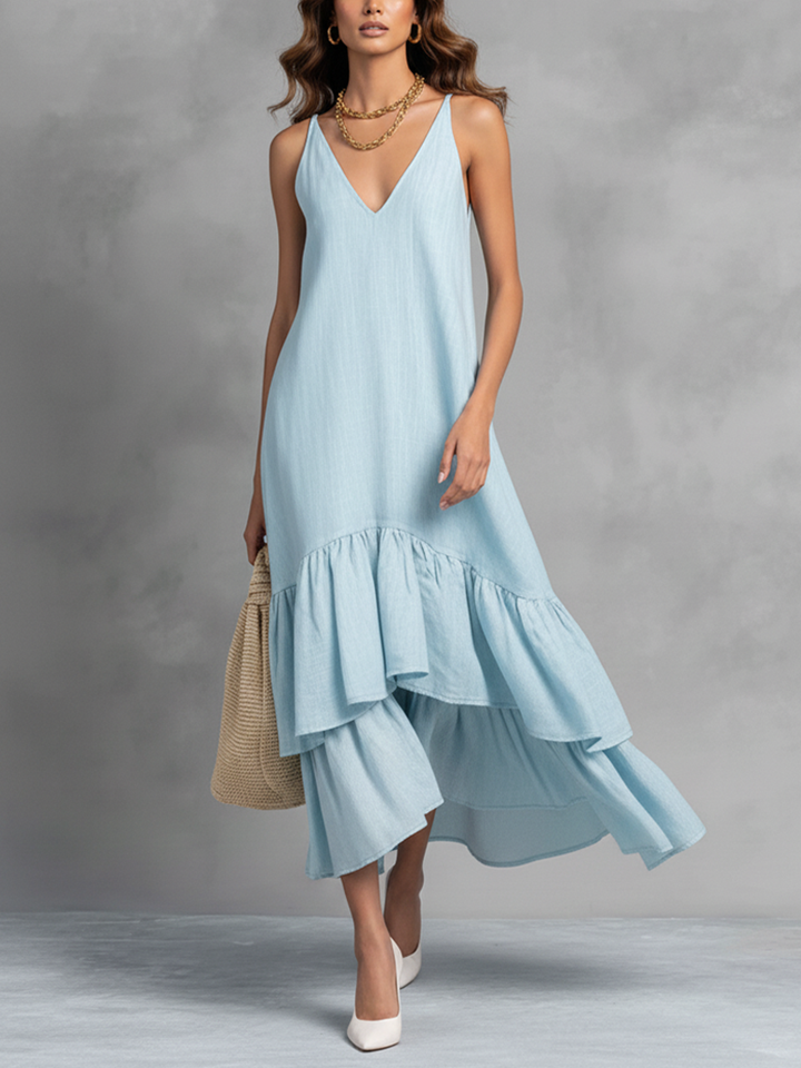 Damen Hellblaues Baumwoll-Leinen Maxikleid mit ärmellosem V-Ausschnitt und Rüschen-Saum
