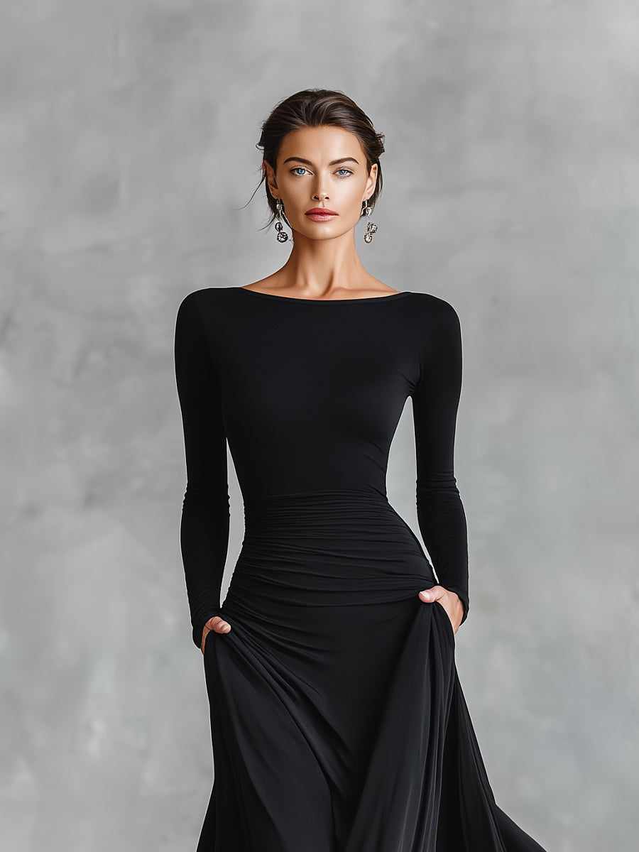 Damen Schwarzes modernes Maxikleid aus Crêpe mit gerafftem Bootsausschnitt MDA1472J7I