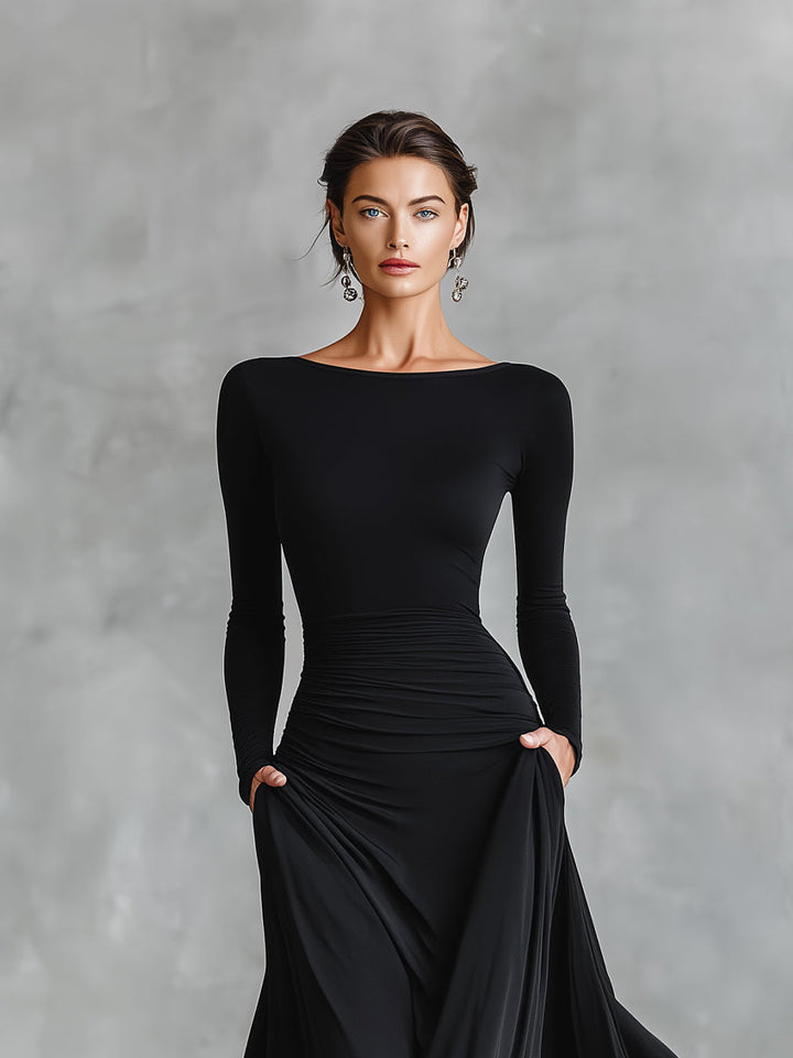 Damen Schwarzes modernes Maxikleid aus Crêpe mit gerafftem Bootsausschnitt MDA1472J7I