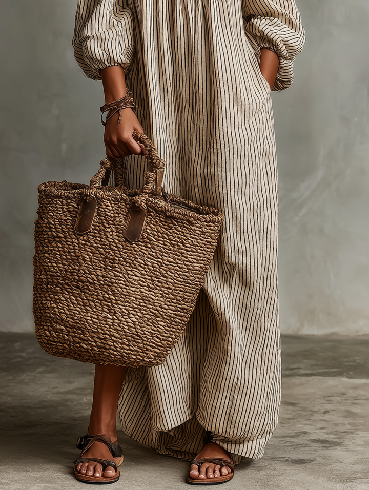 Vestido Feminino Longo de Algodão e Linho para Férias, Ombros à Mostra e Mangas Longas