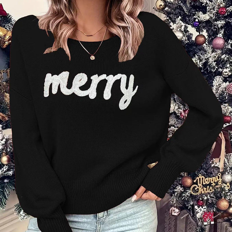Comfortable Merry Print Sweater for Women with Crew Neck Long Sleeve Ribbed Cuff Oversized Knit Style