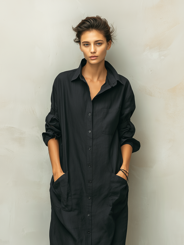 Vestido camisero de manga larga de mezcla de algodón y lino negro informal para mujer