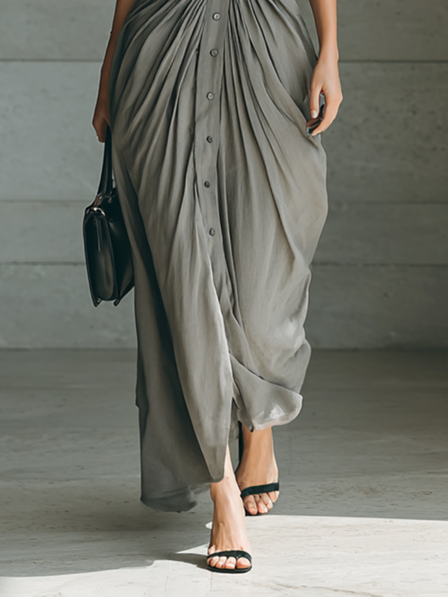 Vestido maxi para mujer con solapa, manga larga, abotonado y cinturón