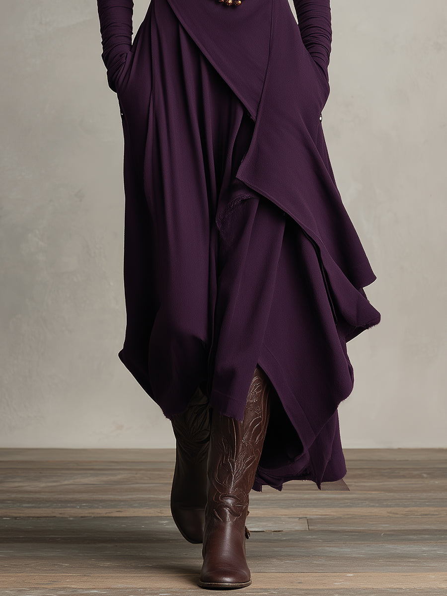 Women's Purple Bohemian Cotton Stretch Turtleneck Asymmetrical Draped Maxi Dress