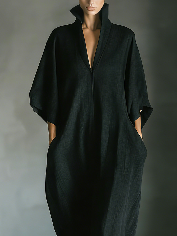Maxivestido Oversize de Manga Kimono de Tela de Mezcla de Algodón Negro con Bolsillos para Mujer