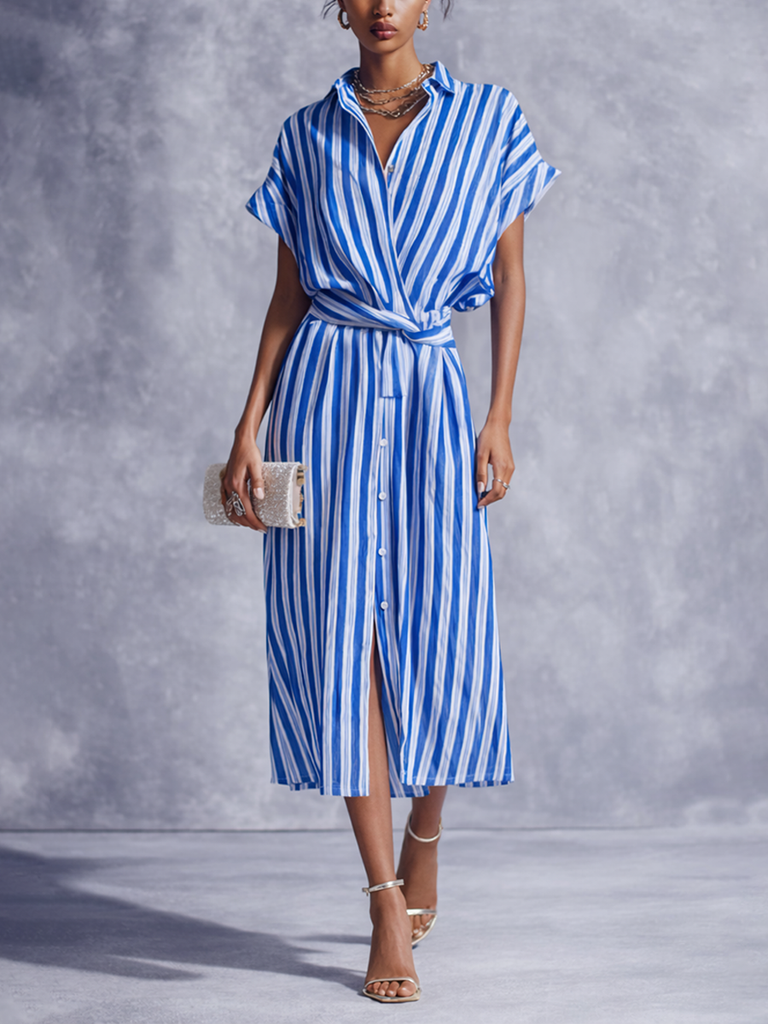 blue and white striped wrap dress Women's Cotton Linen Shirt Midi Cinderella Couture Fashion Nova Graduation Dress Atria Signature Colors:Dusty Pink Beach Vacation