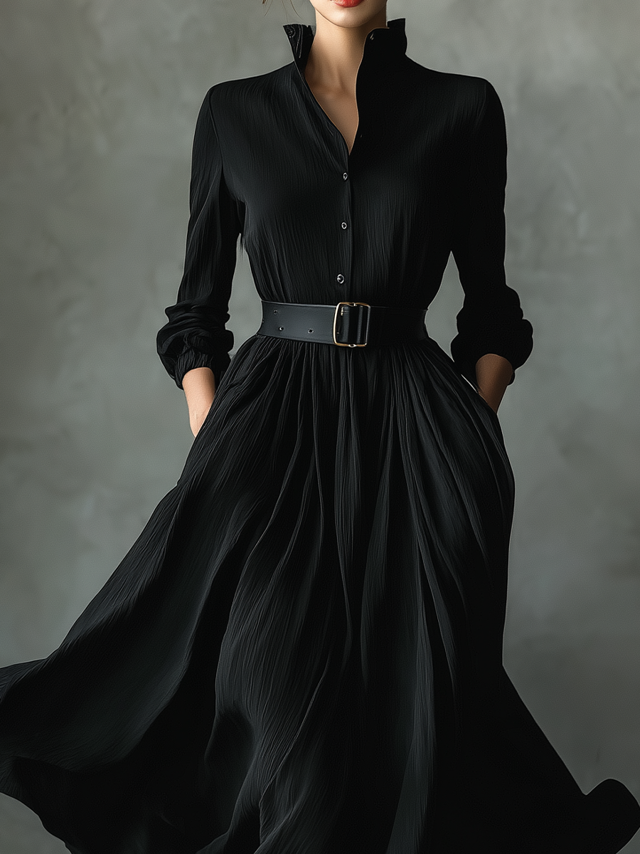 Vestido largo vintage plisado texturizado de mezcla de algodón negro para mujer