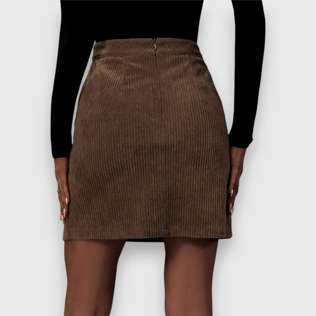 Stylish Brown Mini Skirt for Women with High Waist Corduroy Textured Front Split Fitted Casual Style