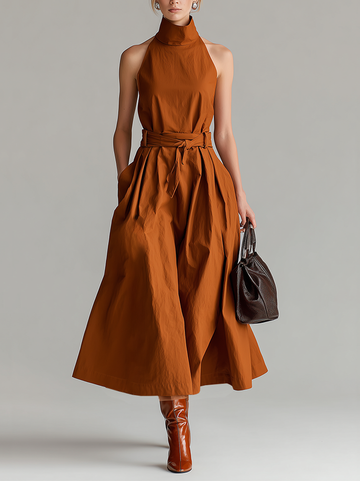 Women's Rust Cotton Dress With Halter Neck & Self-Tie Waist Belt, Timeless Minimalist-Elegant Style Dress