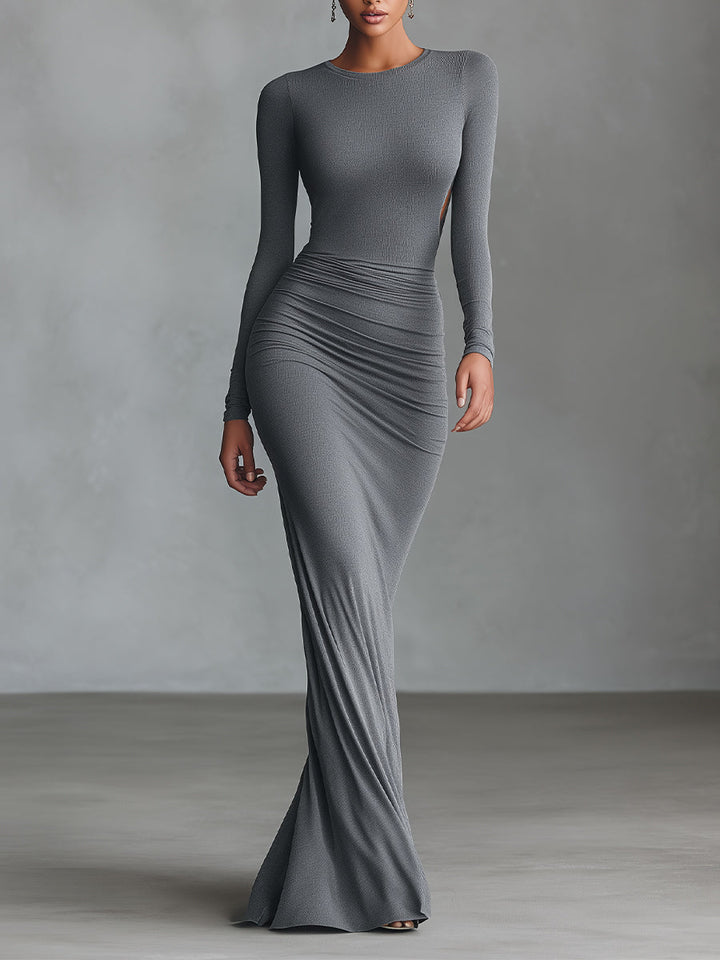 Dámské elegantní šedé maxi šaty z pružné polyester-bavlněné směsi s nařaseným otevřeným zády