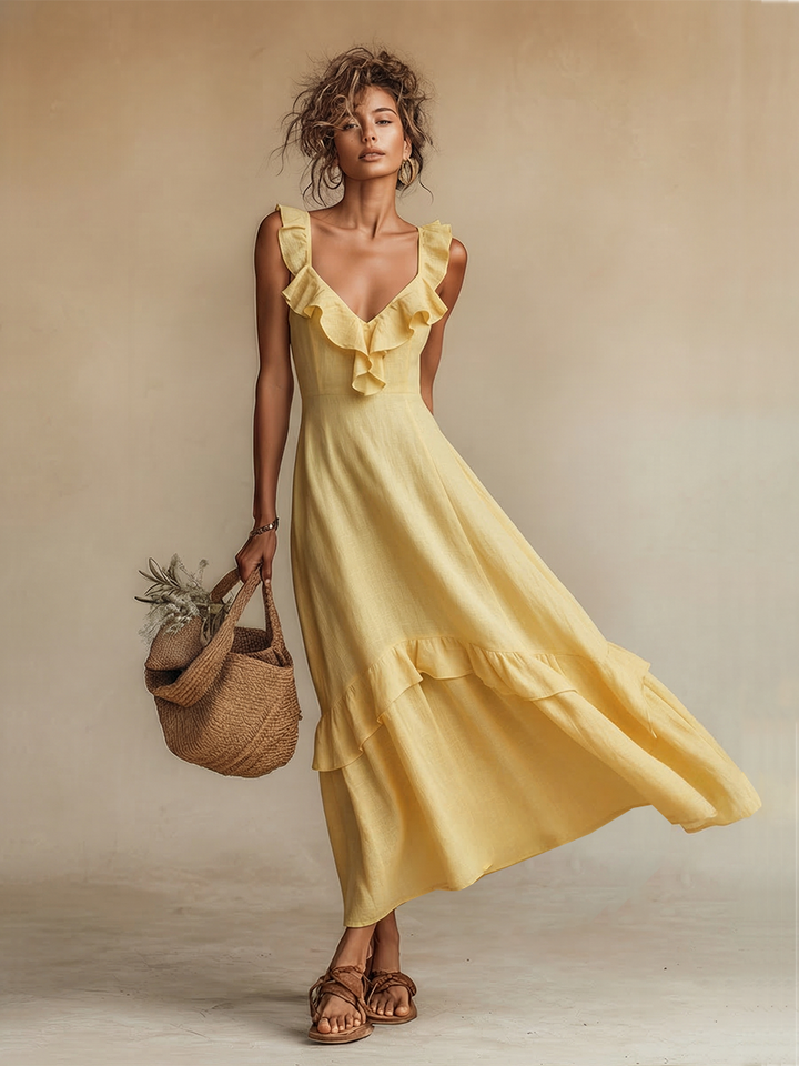 Vestido Feminino Amarelo em Linho com Decote V com Babados e Barra com Babados, Estilo Boho Resort Atemporal