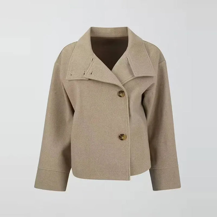 Elegant Wool Jacket for Women with Funnel Neck Long Sleeve Oversized Cropped Casual Style