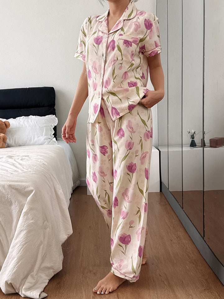 Comfortable Apricot Floral Pajama Set for Women with Notch Collar Short Sleeve Button Front Two Piece Style