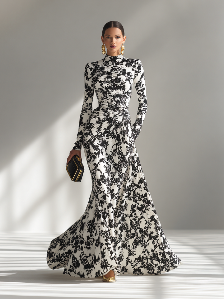 Robe portefeuille en mélange stretch à motif noir et blanc pour femme MDA1295K1AP