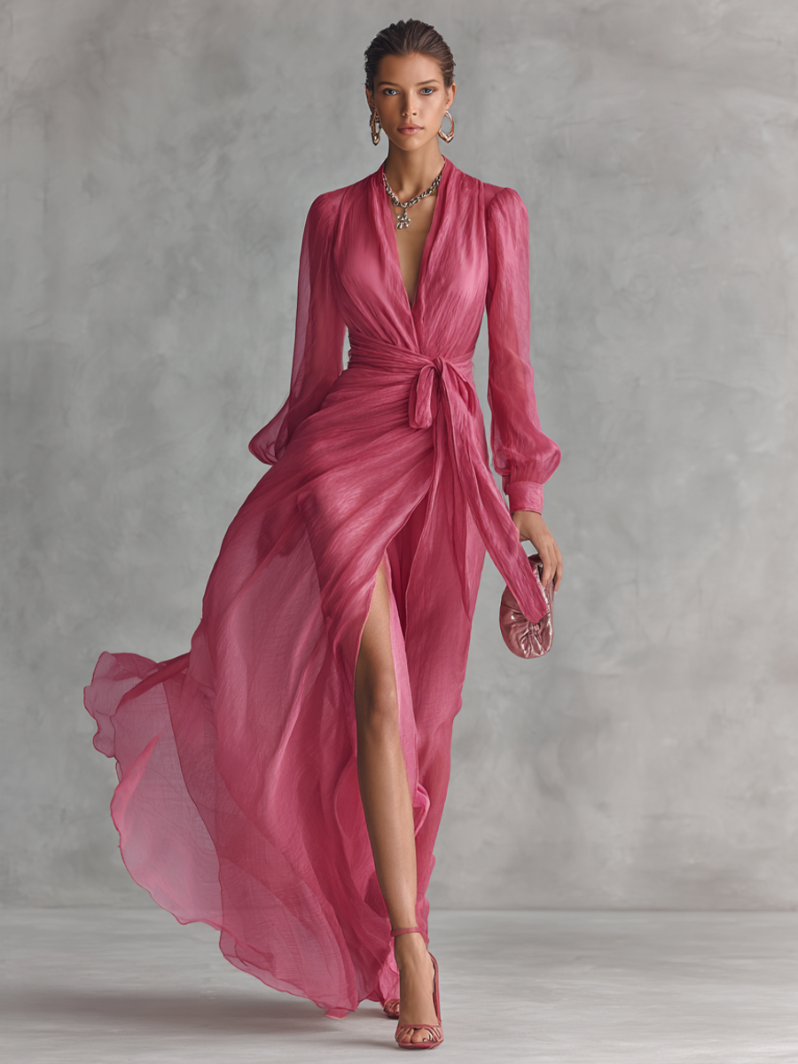 womans pink chiffon dress Women's Elegant Rose Pink Pearl Chiffon V-neck Tie-waist Long Dress