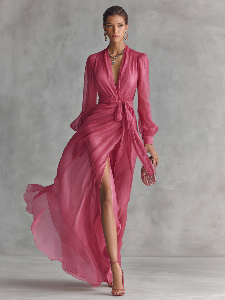 women's pink chiffon dress Pink Chiffon Maxi Dress with Lace V-Neck and Fit & Flare Waist
