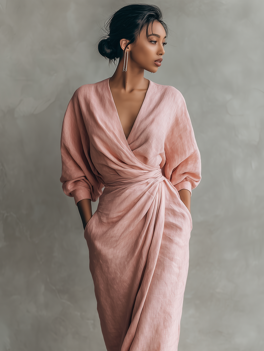 Vestido Longo Feminino Minimalista Rosa com Decote V de Mistura de Linho MDA1655L0Y