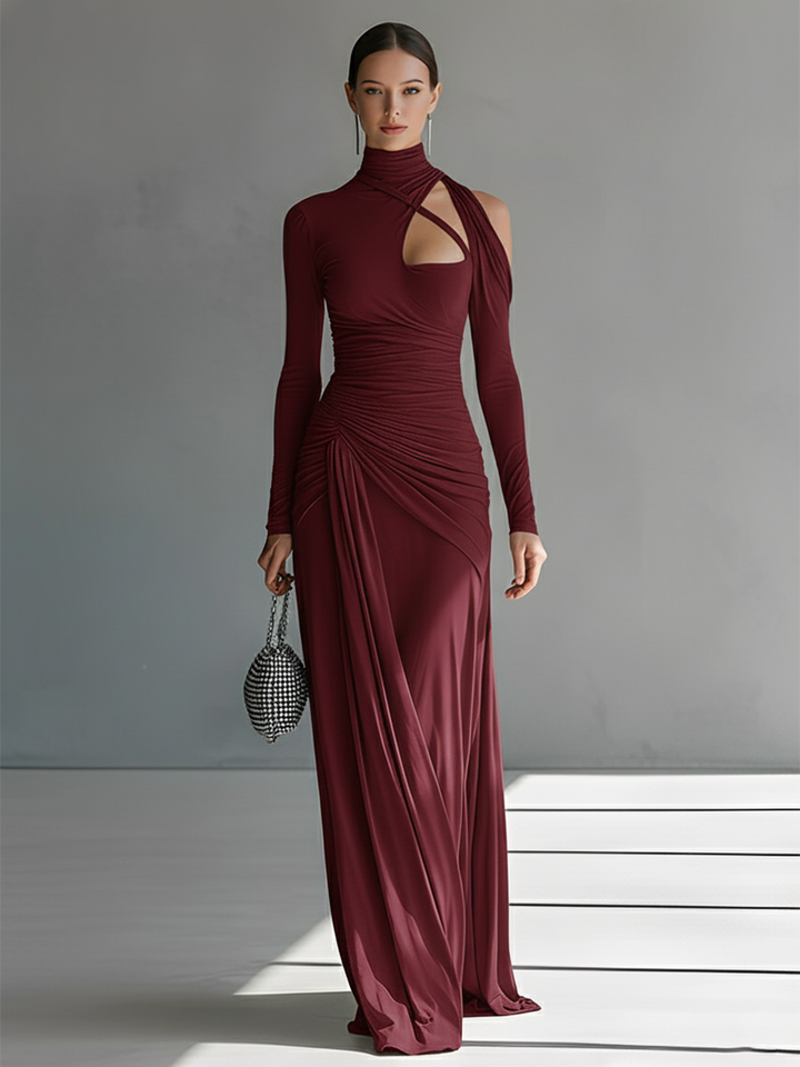 Damen Graues seidiges Stretch anspruchsvolles gerafftes Cut-Out Maxikleid MDA0546K6I