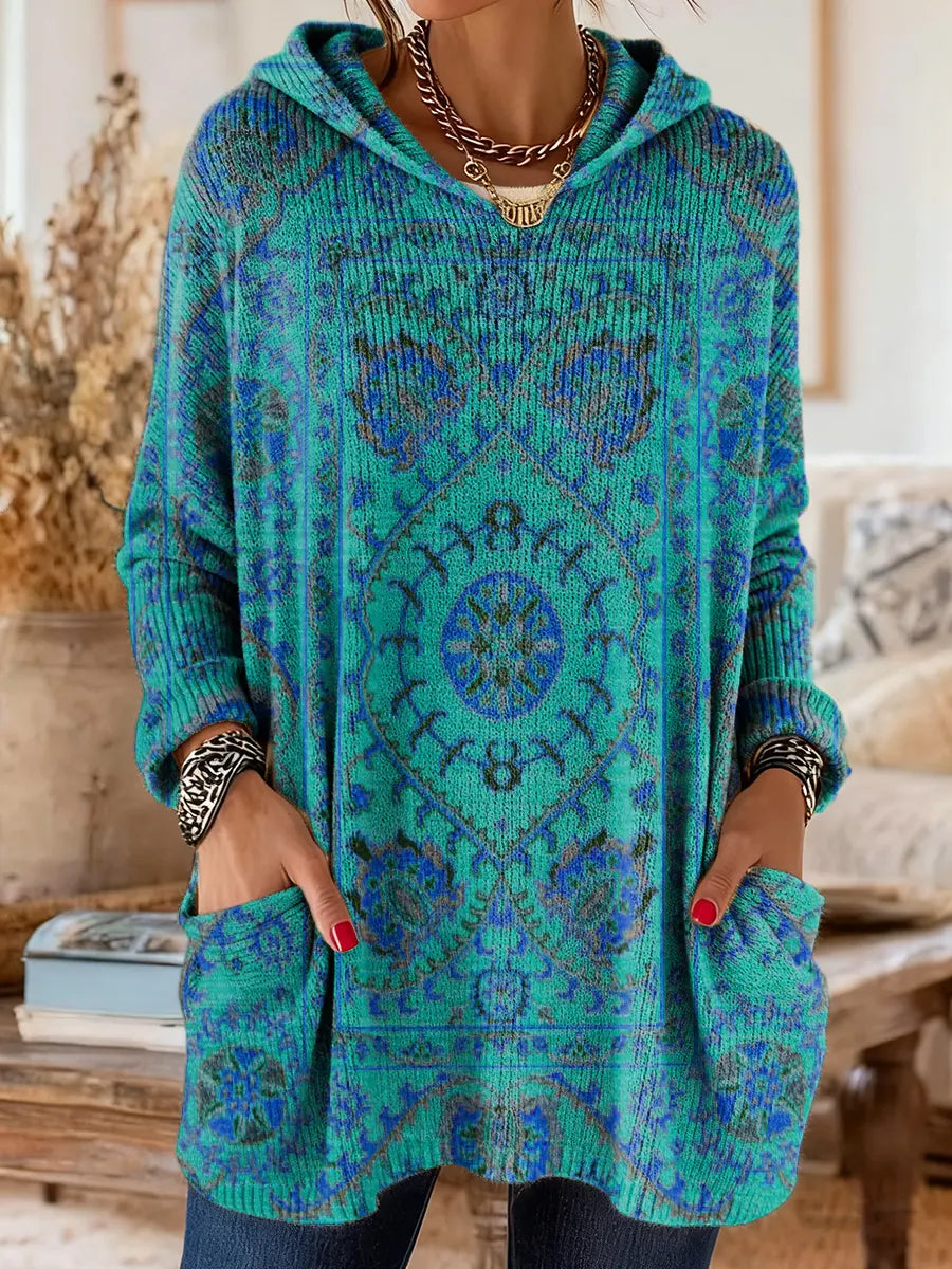 Comfortable Boho Print Tunic Sweater for Women with Hooded Long Sleeve Oversized Pocket Bohemian Style