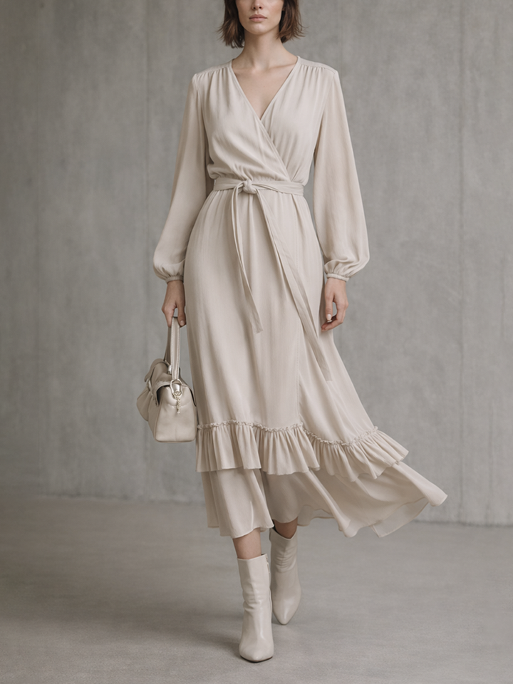 Damen Beiges Baumwollmisch-Midikleid mit langen Ärmeln, Rüschen und Wickeloptik