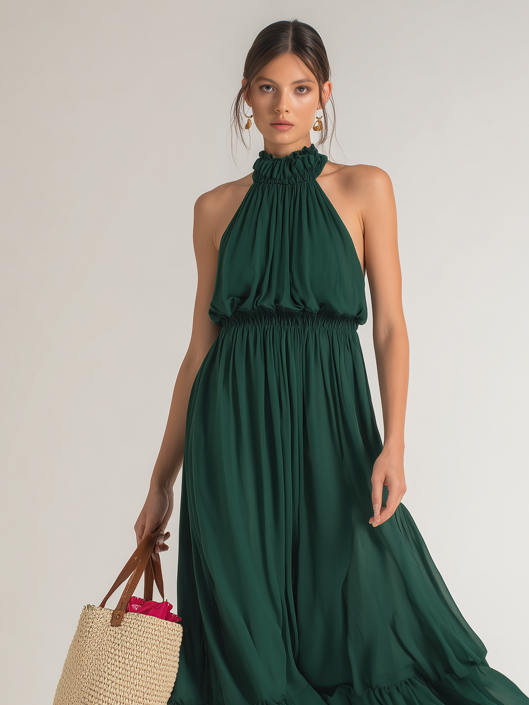Dámské elegantní tmavě zelené šifónové dlouhé šaty bez rukávů s kulatým výstřihem
