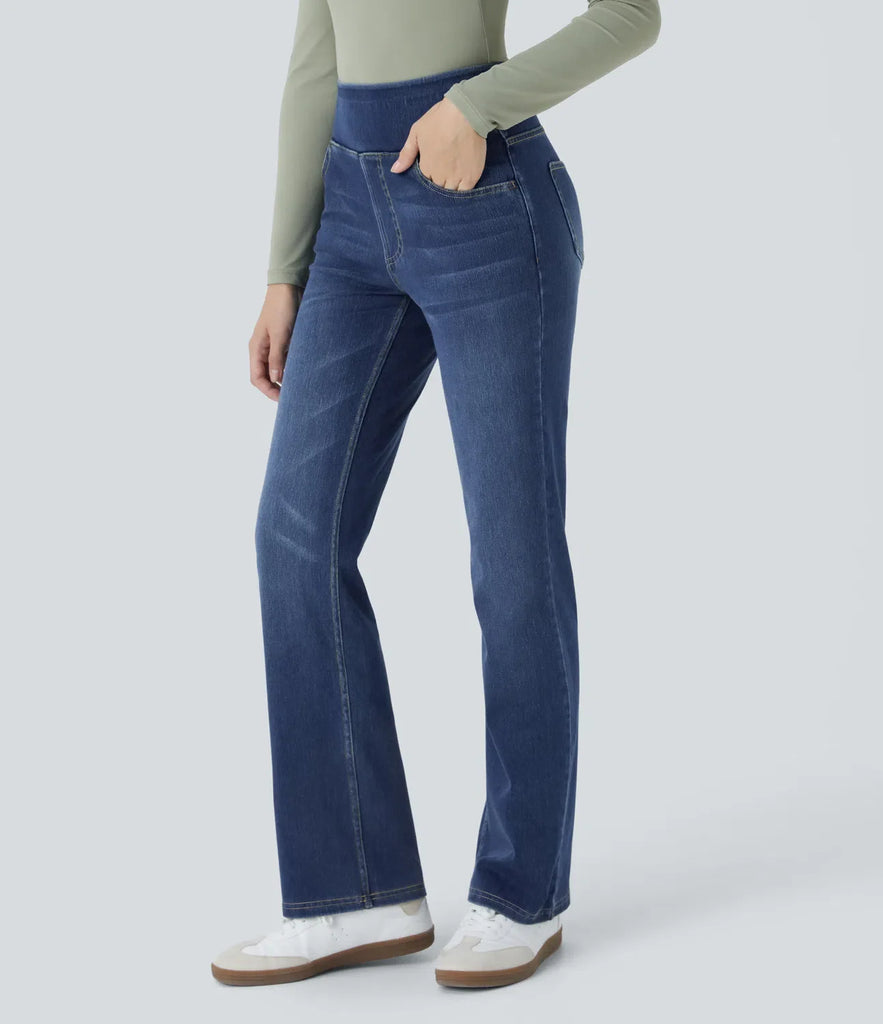 Premium Wash Hochtaillierte Taschen Gewaschene Lässige Bootcut Jeans