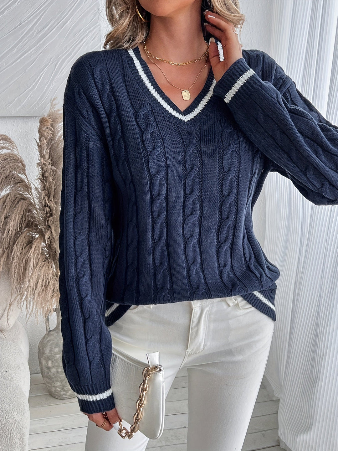 Comfortable Cable Knit Sweater for Women with V Neck Long Sleeve Striped Trim Oversized Knit Style