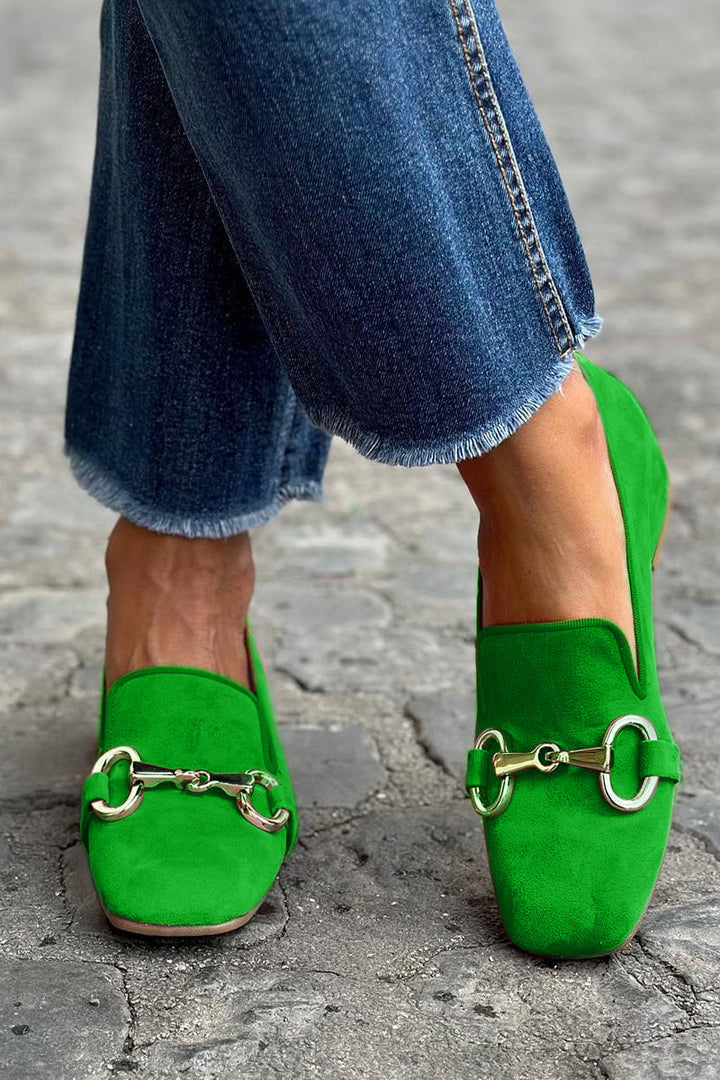 Suede Loafers for Women – Bright Pink and Green Slip On Flats with Metal Detail, Colorful Statement Shoes