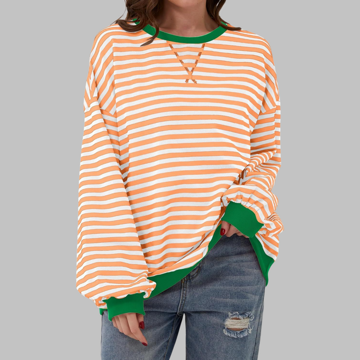 Comfortable Striped Sweatshirt for Women with Crew Neck Long Sleeve Contrast Trim Oversized Style
