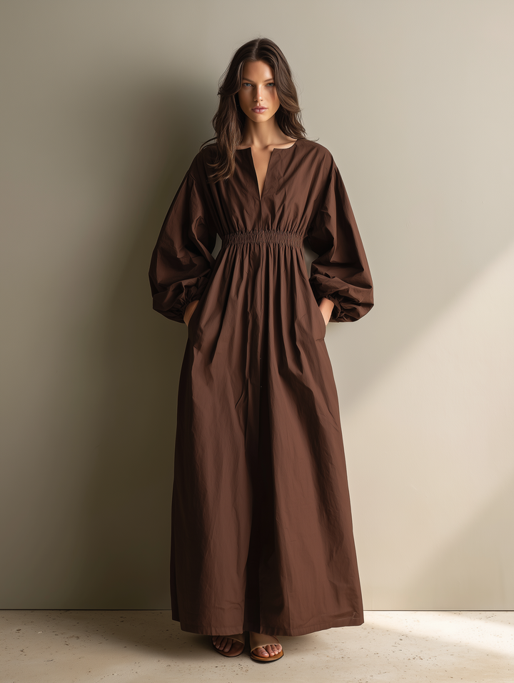 Maxivestido informal de mujer con cuello de pico, manga larga, cintura elástica, de algodón y lino, color marrón